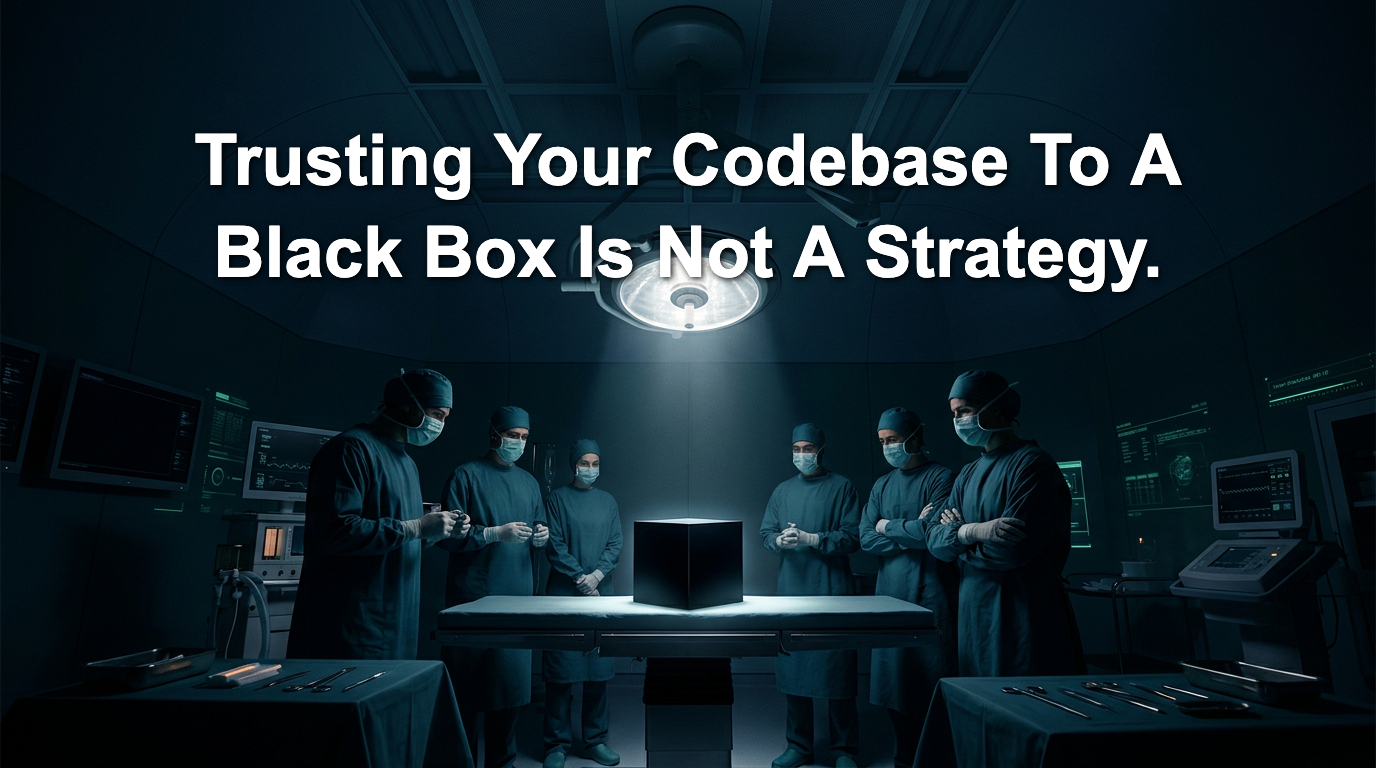 A surgical team surrounds a black box on an operating table. Text reads: Trusting Your Codebase To A Black Box Is Not A Strategy.