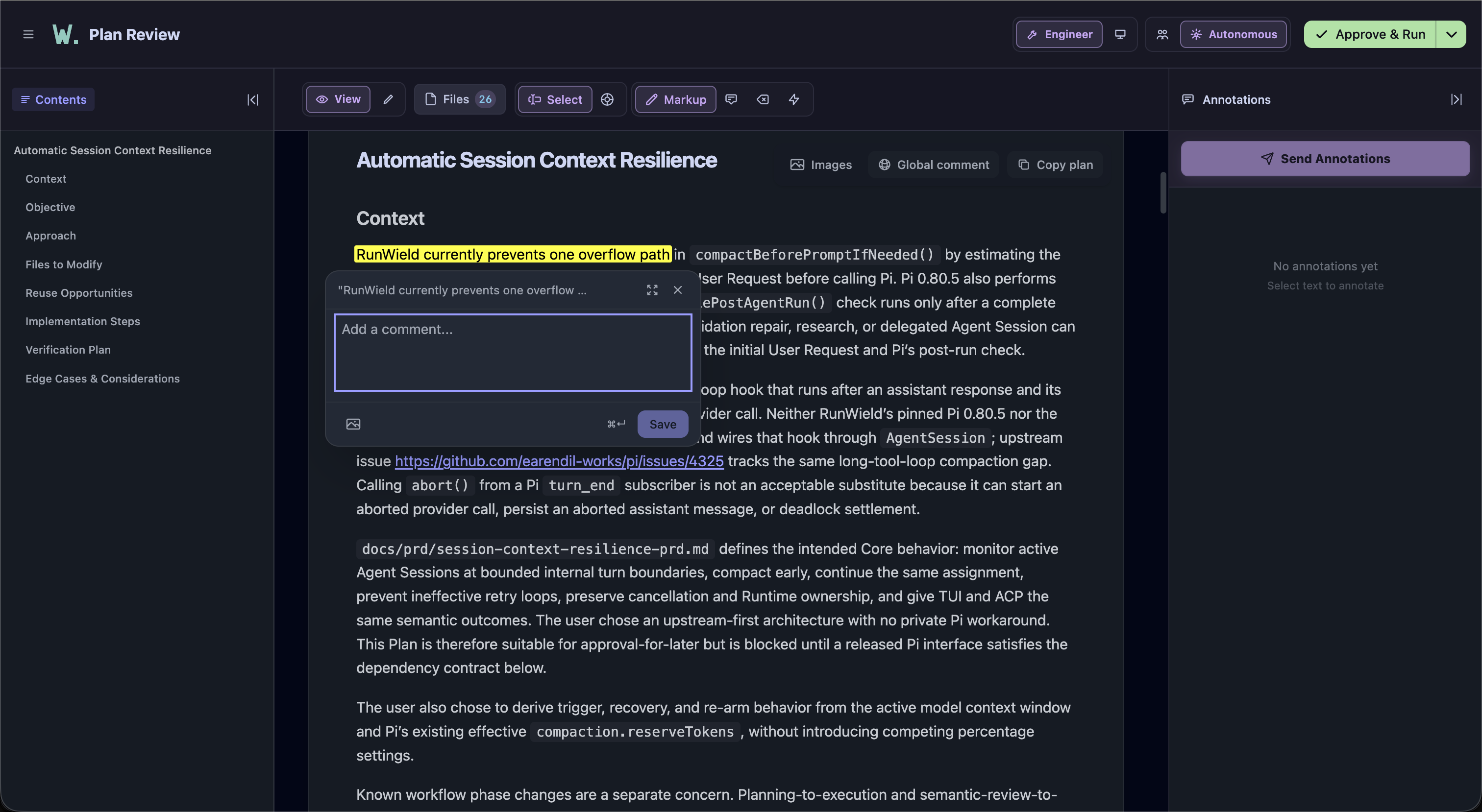 RunWield Plan Review showing a plan, table of contents, inline annotation, execution agent, collaboration mode, and approval action