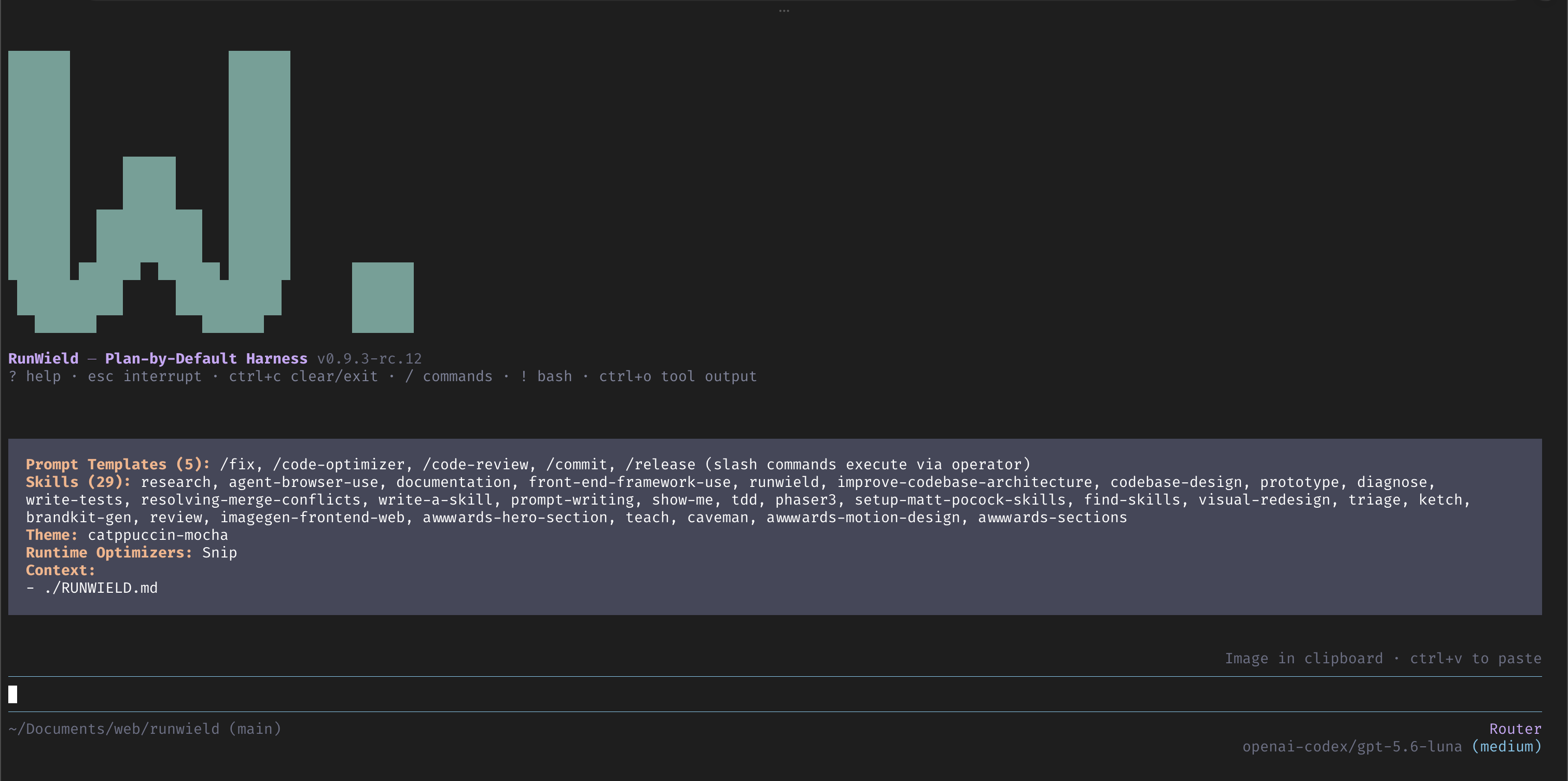 RunWield TUI showing its plan-by-default harness, skills, tools, context, and agent router